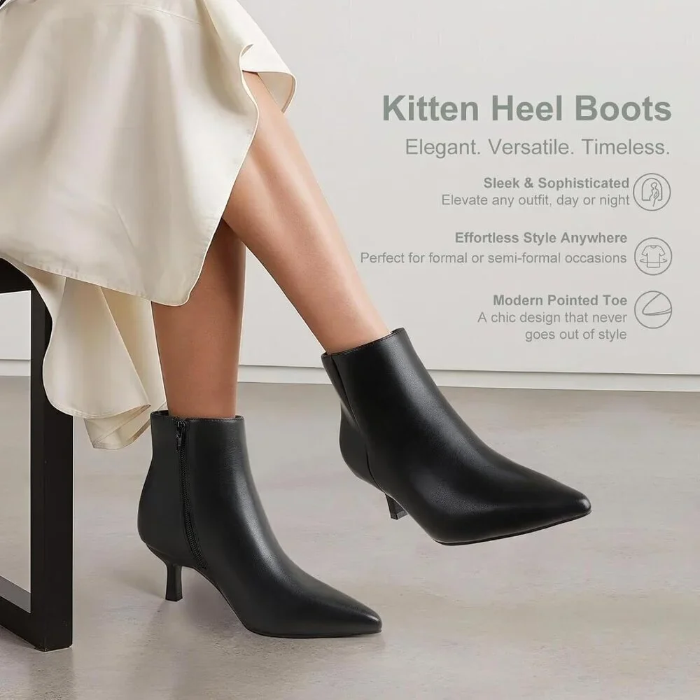 Women's Black Kitten Heel Ankle Winter Dress Shoes Pointed Toe Side Zipper Boots